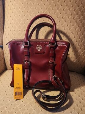 Tory Burch Cherry Red Leather Satchel with Detachable Strap